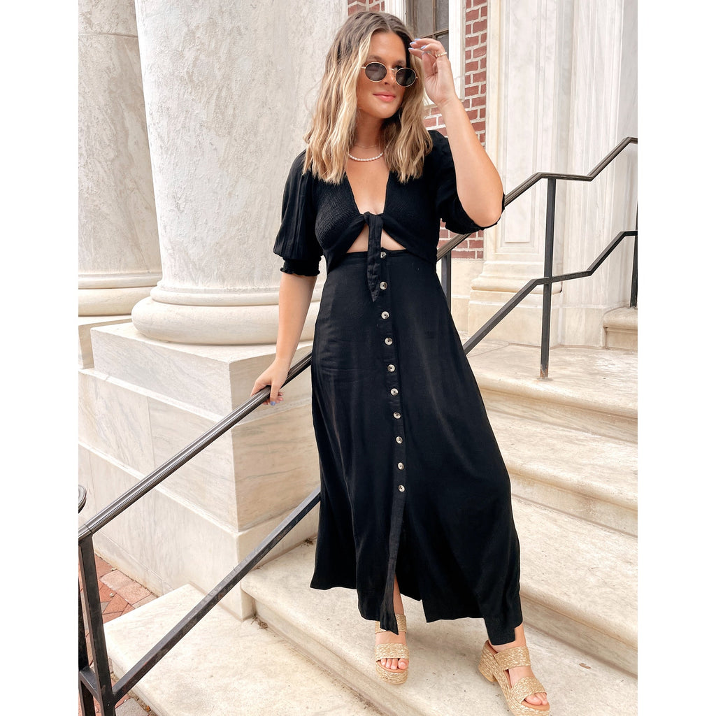 New Free People FP String Of Hearts Maxi Dress $168 XS Black Tie Button Front