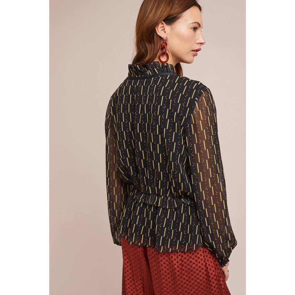 New Anthropologie Kiara Long Sleeve Blouse by Laia $148 Black Small Geo