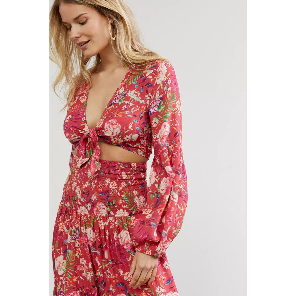 Anthropologie Smocked Floral Midi Skirt & Tie Front Top Set