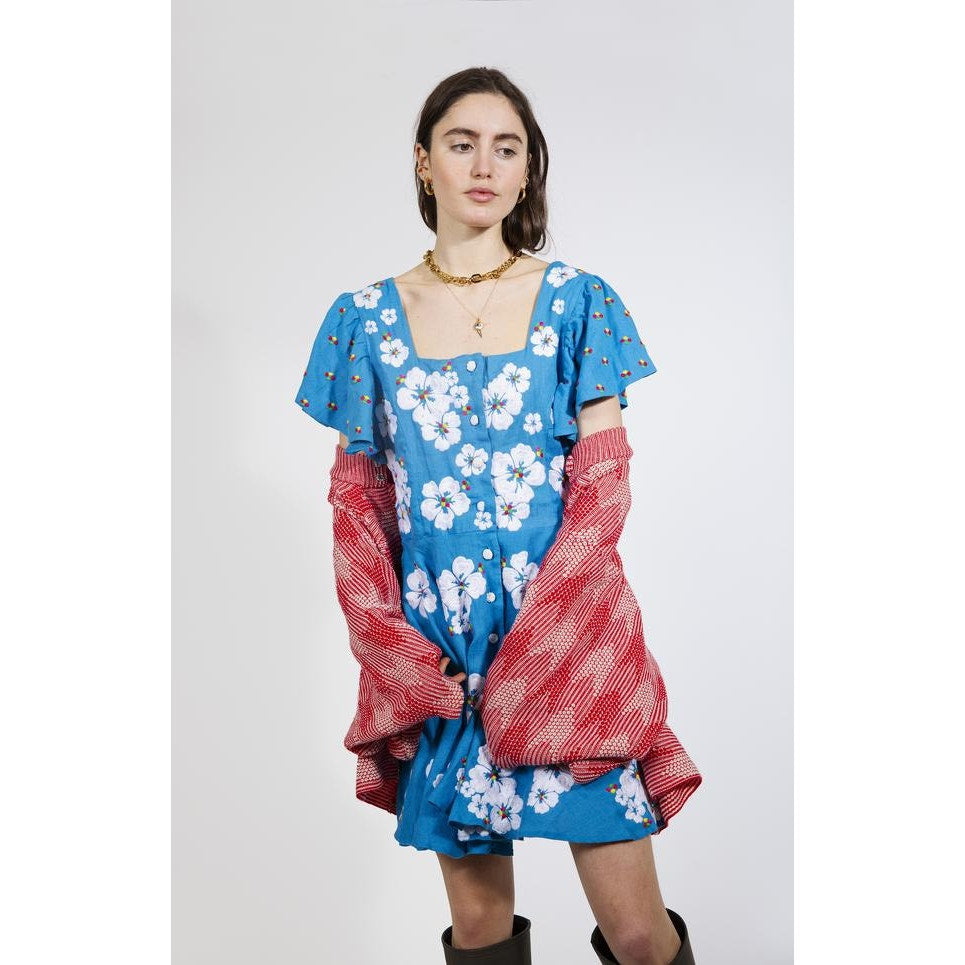 New ALL THINGS MOCHI Kay Mini Dress $465 MEDIUM Blue Floral