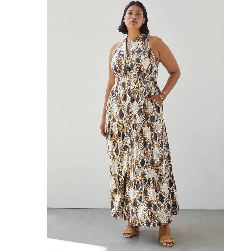 New Anthropologie Maeve Snake Print Maxi Dress $170 SIZE 0 Button Front Cotton