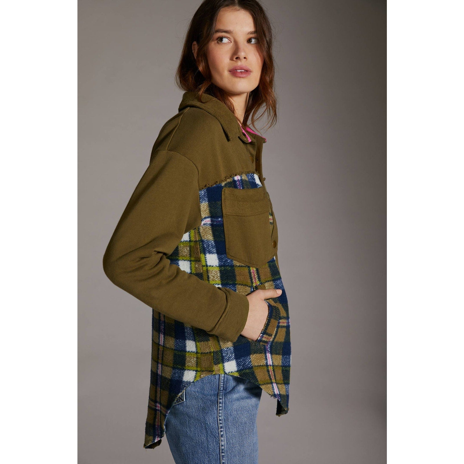 New Anthropologie Pilcro Plaid Contrast Shirt Jacket $140 X-SMALL Green Motif