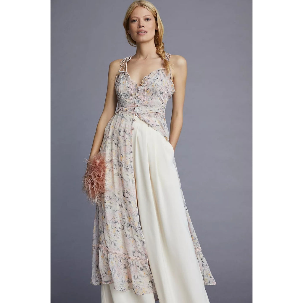 By Anthropologie Sheer Curtain MAXI Top $130 X-SMALL Pink Floral