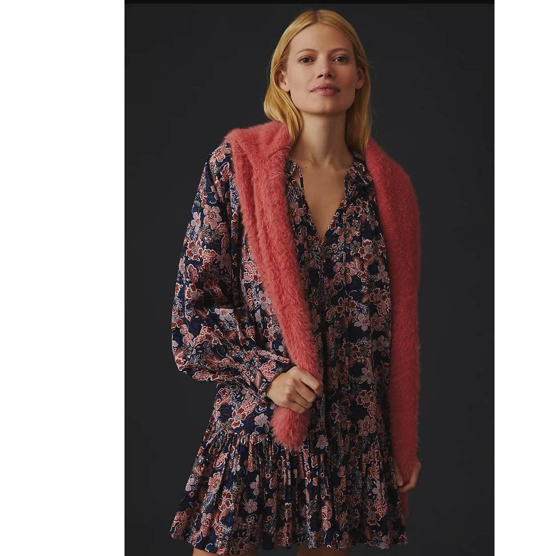 New Anthropologie Sundry Floral Boho Mini Dress $284 SMALL Blue Oversized