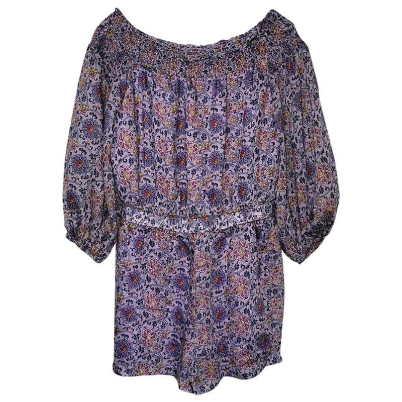 Anthropologie Traffic People Off The Shoulder Retro Lilac Floral Romper Anthropologie