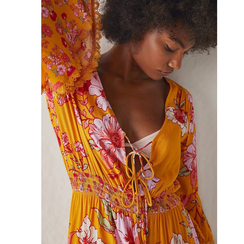 New Free People INTIMATELY Penny Printed Maxi Bodysuit $228 SMALL Gold Combo