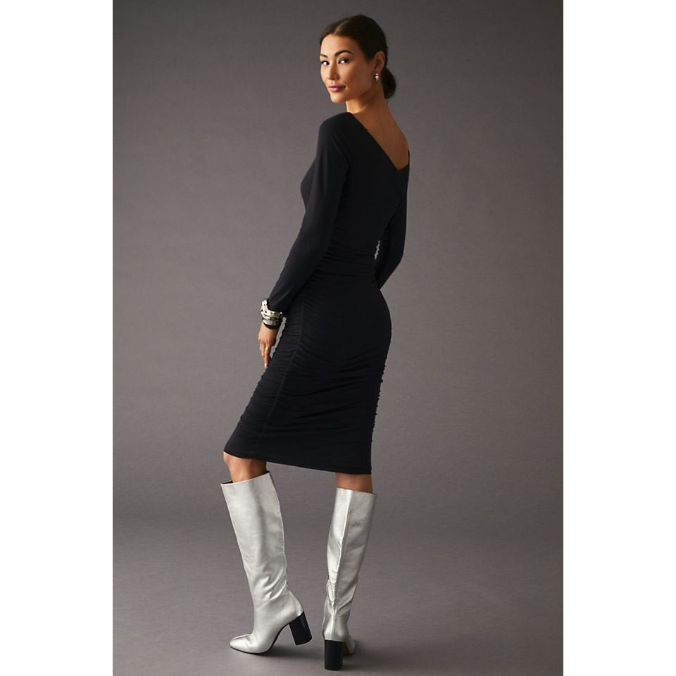 New Anthropologie Velvet by Graham & Spencer Tori Ruched Dress $189 LARGE Black