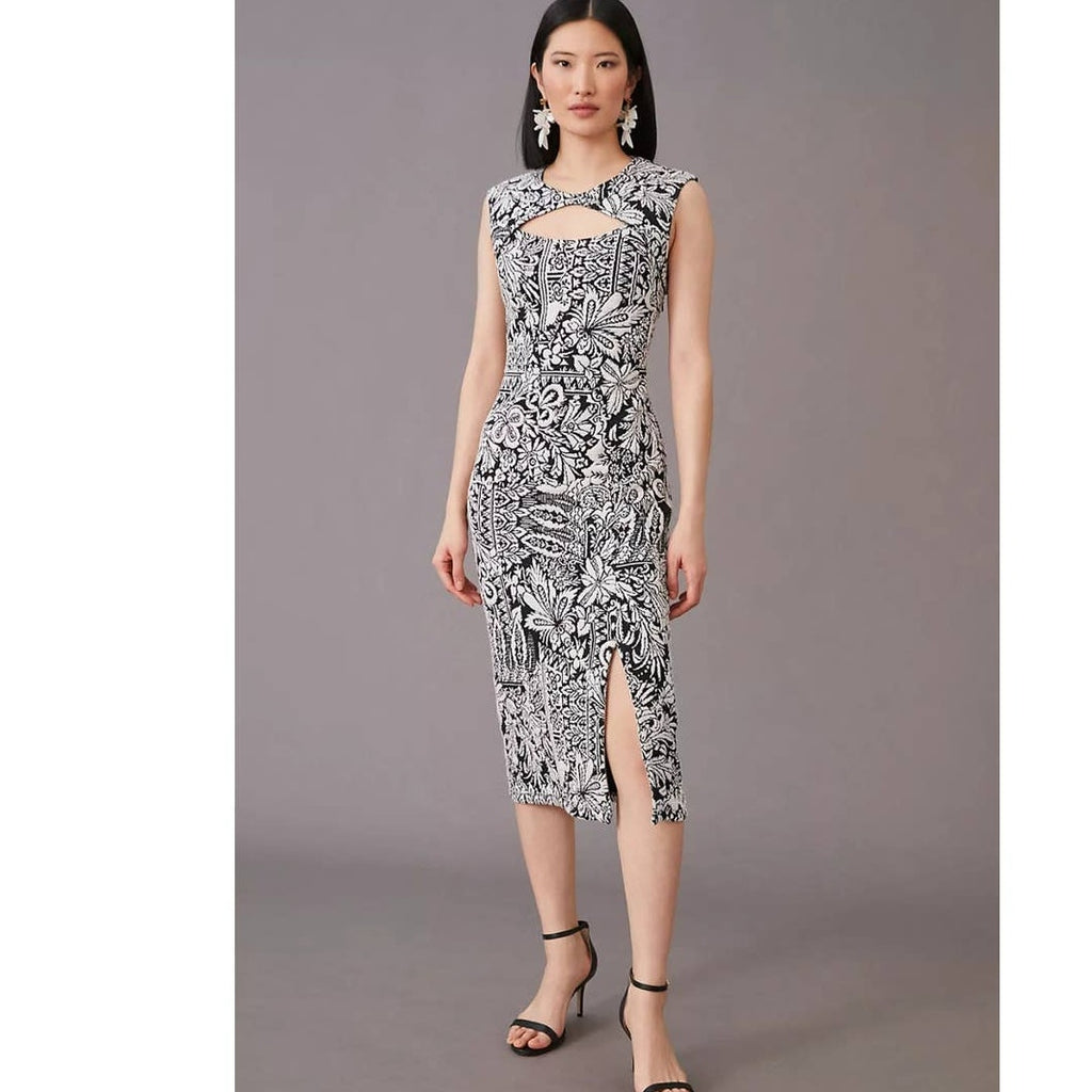 New Anthropologie Jacquard Cut-Out Midi Dress $148 LARGE B&W