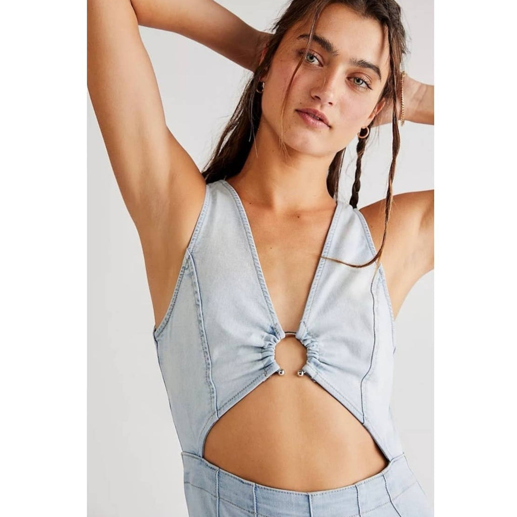 New Free People WTF Ultravioletn Cutout Jumpsuit $148 LARGE  Light Blue Retro