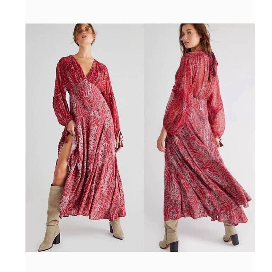 Free People Mirage Paisley Maxi Dress Sz 2 Red Boho Empire Waist