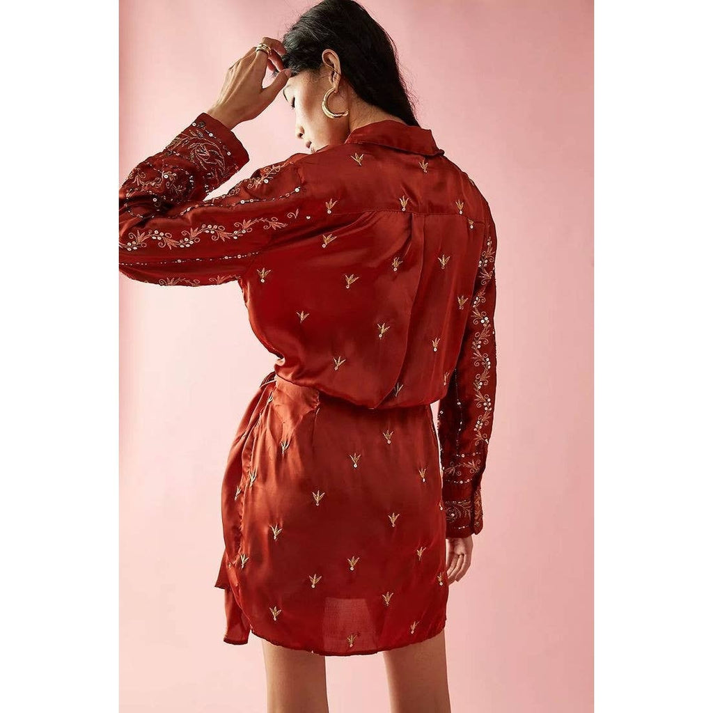 New FREE PEOPLE Breakdown Mini Wrap Dress $378 SIZE 2 Rust Embroidered Sequins