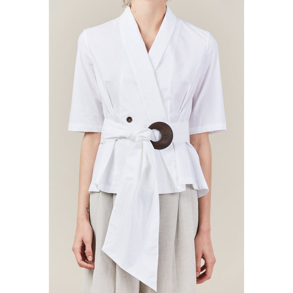 Isa Arfen Robe Pleated Short Sleeve Top With Sash US SIZE 4 White Isa Arfen