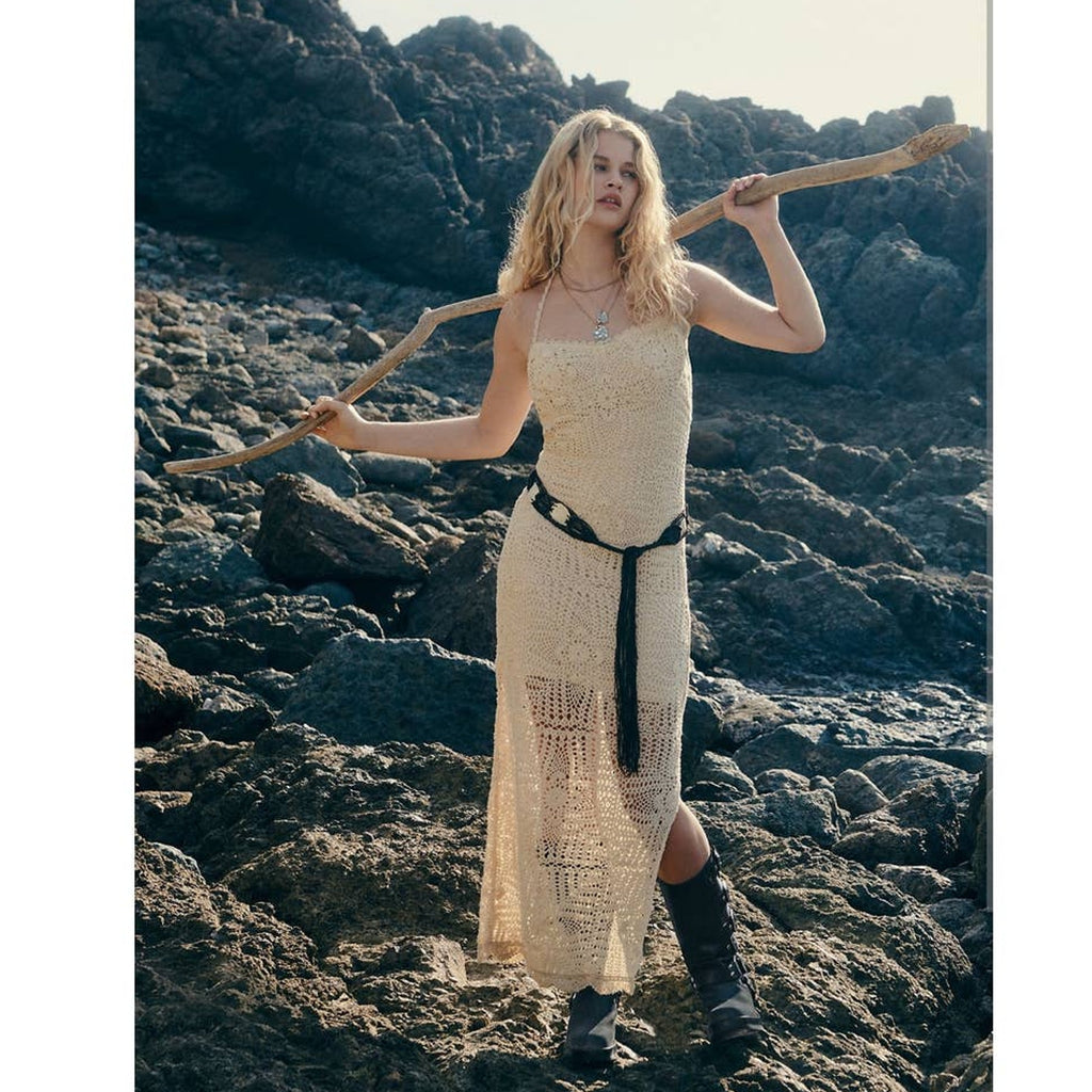New Free People Dahlia Chrochet Bodycon Style Maxi Dress $168 MEDIUM Natural