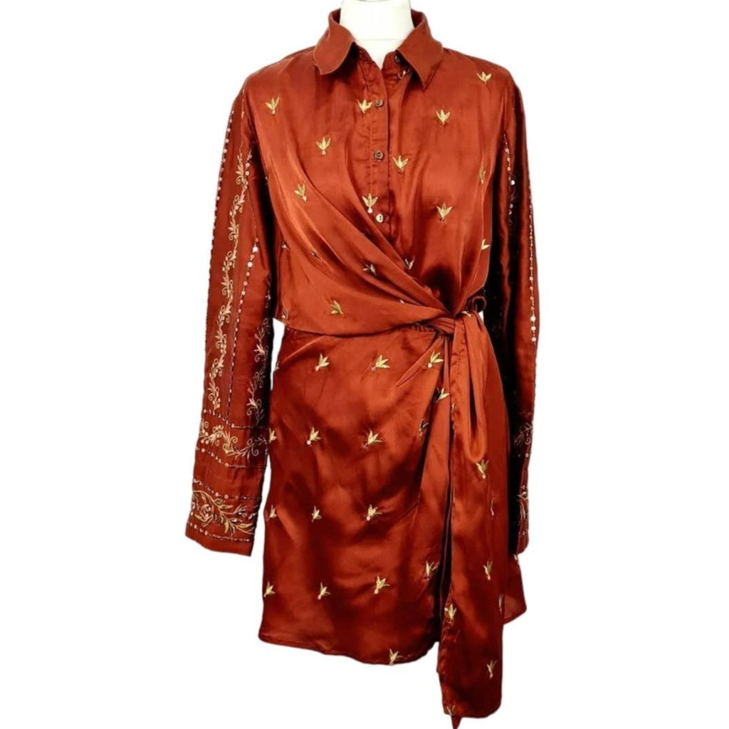 New FREE PEOPLE Breakdown Mini Wrap Dress $378 SIZE 2 Rust Embroidered Sequins