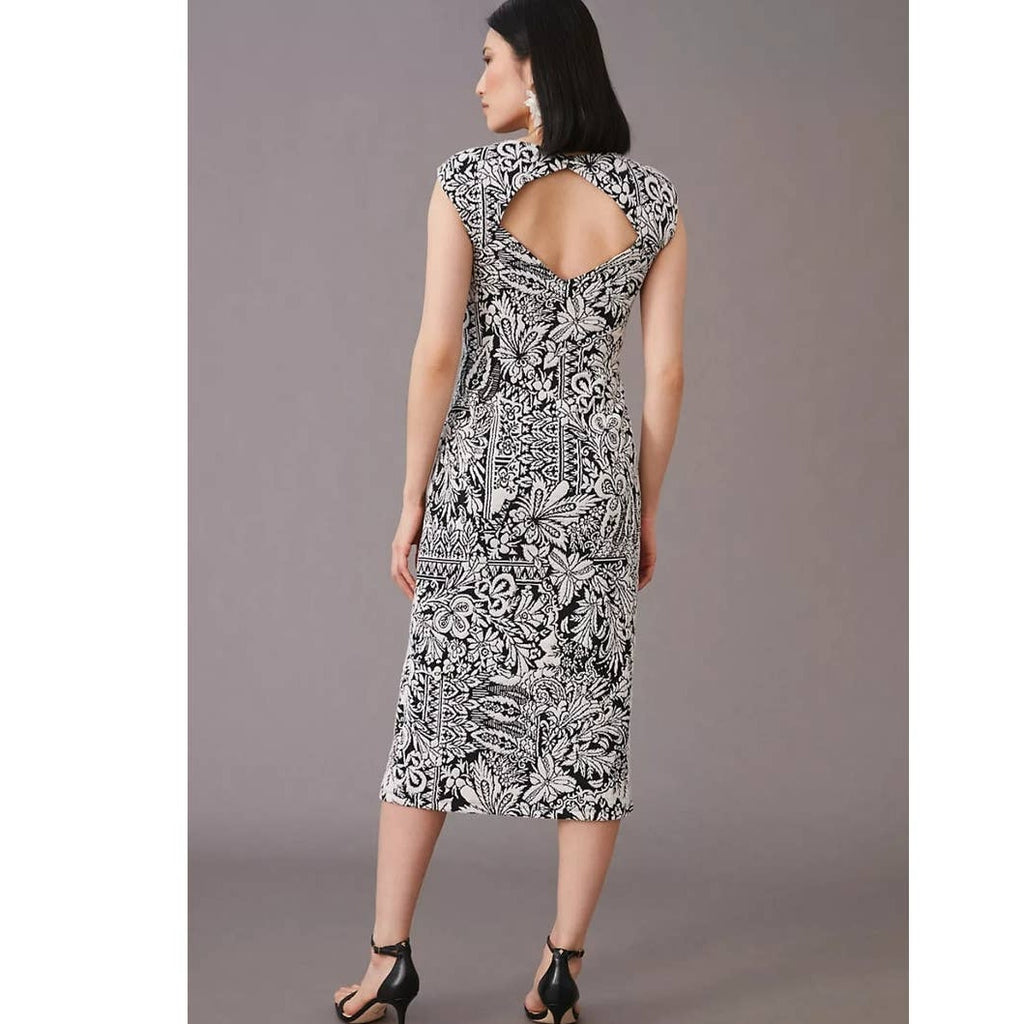 New Anthropologie Jacquard Cut-Out Midi Dress $148 LARGE B&W