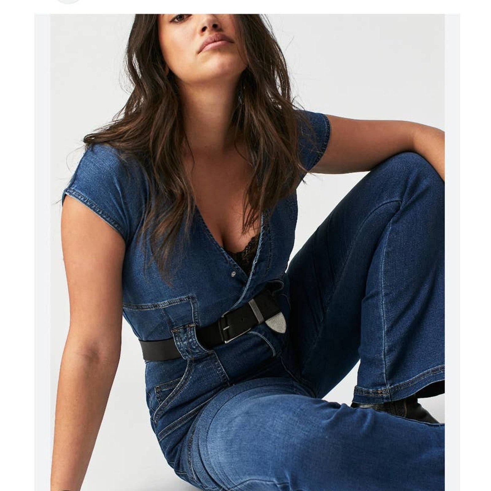 Free People Wtf Crvy Hyde Park Stretch Denim Jumpsuit