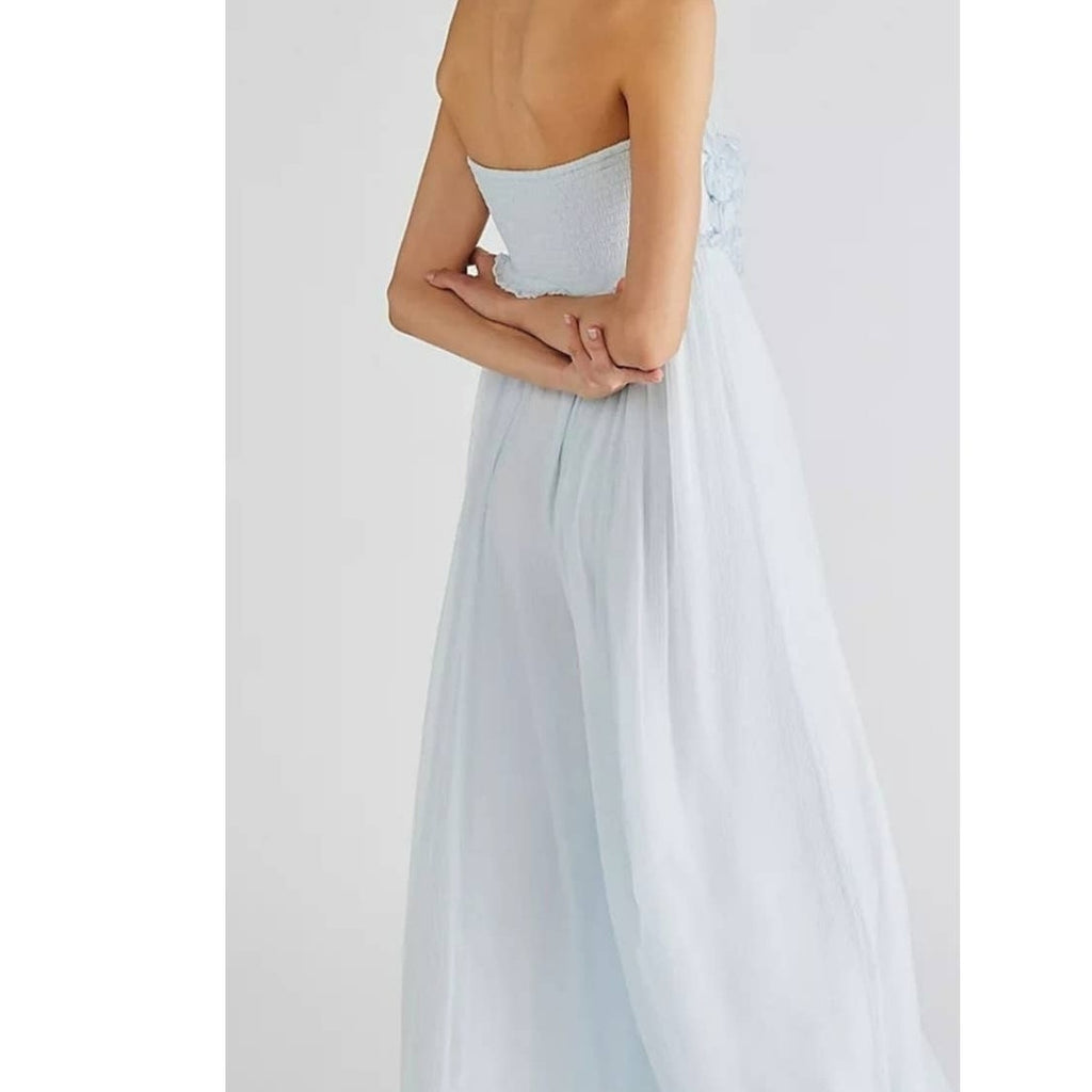 Free People Rosa Strapless Floral Wide Leg Jumpsuit LARGE Misty Blue Free People