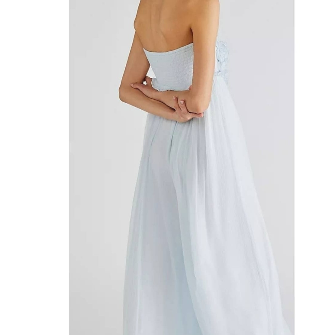 Free People Rosa Strapless Floral Wide Leg Jumpsuit LARGE Misty Blue Free People
