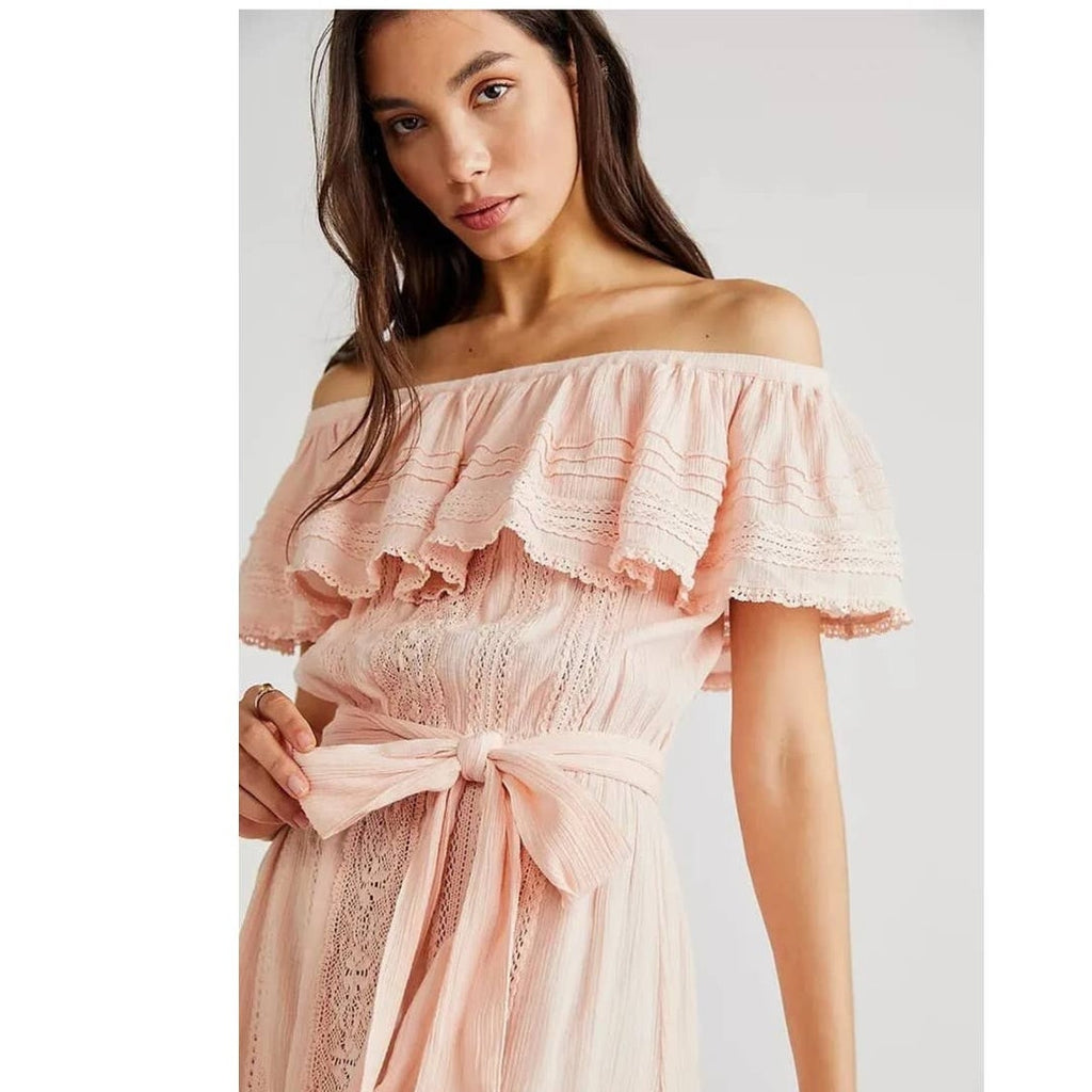 New Free People x Spell Cassie Off The Shoulder Lace Gown $299 X-SMALL Pink Free People