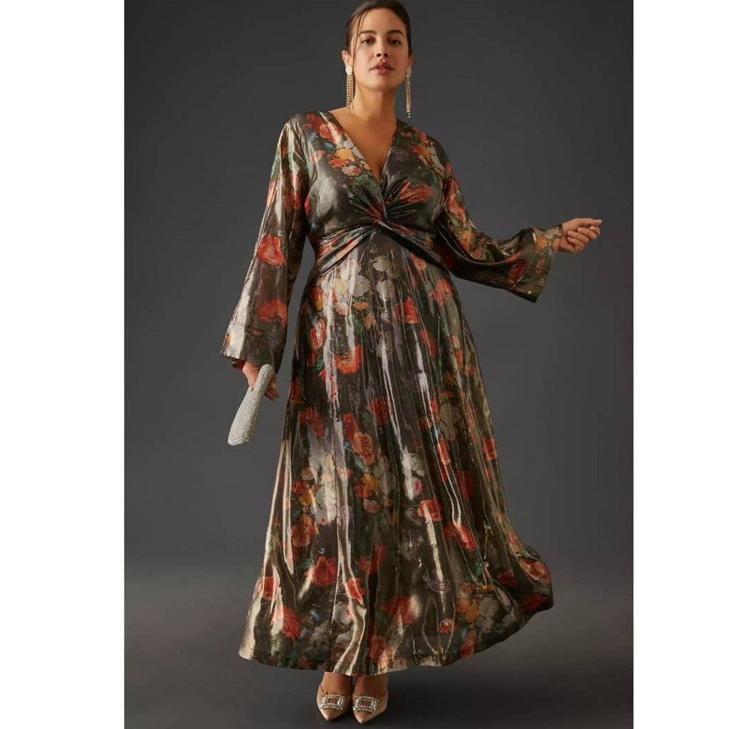 New Anthropologie Caballero Deep V-Neck Maxi Dress $248 X-SMALL Floral