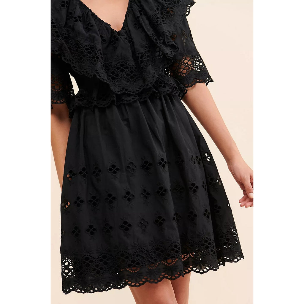 New Free People Antik Batik Ally Eyelet Mini Dress $437 X-SMALL 36 Black LBD