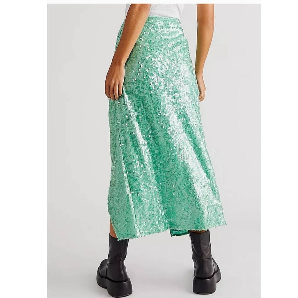 New Free People Poets Sequin Sarong Skirt $228 SIZE 4 Green