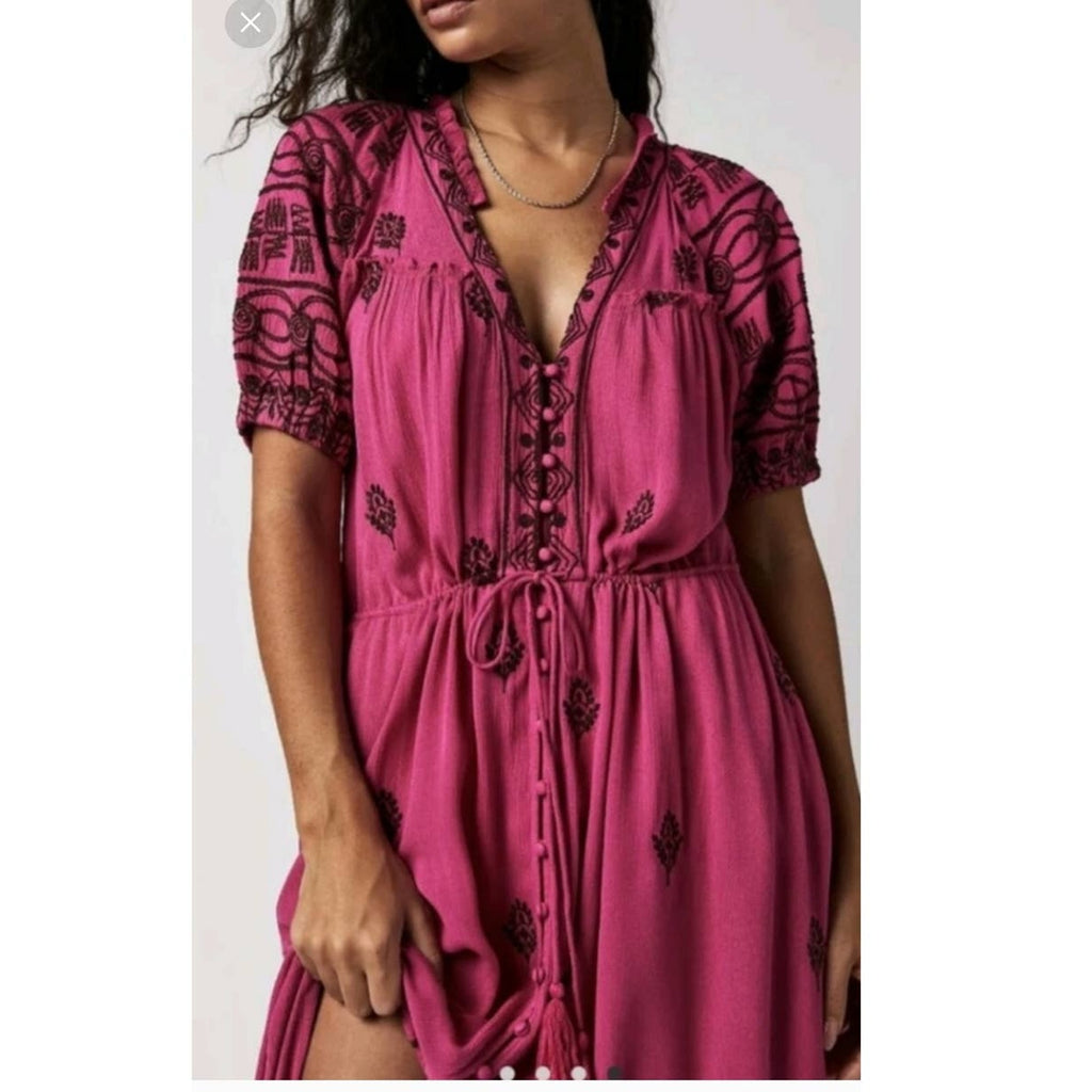 New Free People Riley Embroidered Boho Midi Dress $188 X-SMALL Button Front