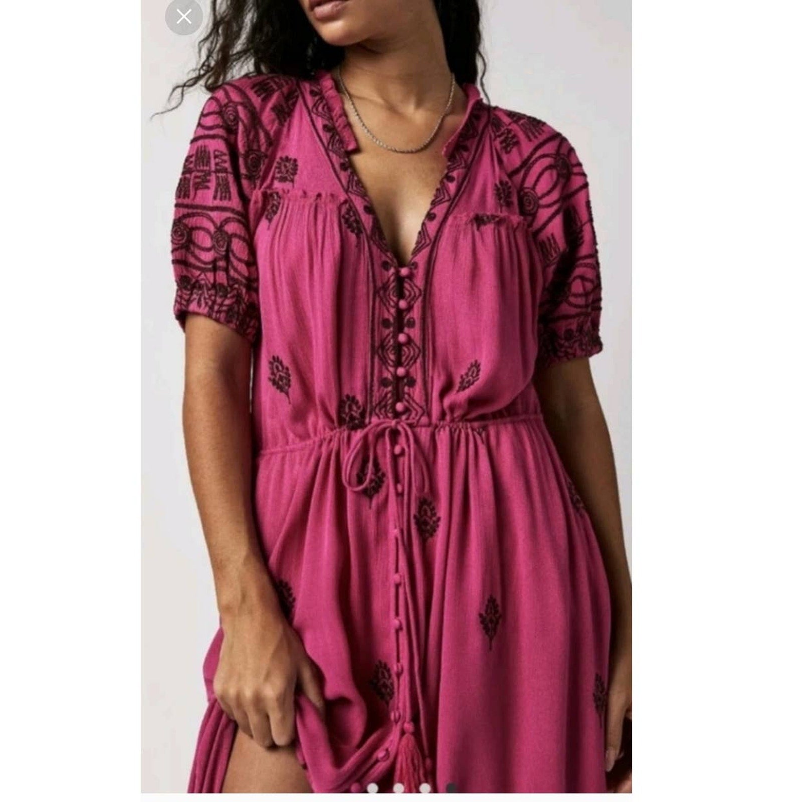New Free People Riley Embroidered Boho Midi Dress $188 X-SMALL Button Front