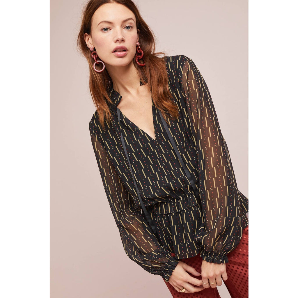 New Anthropologie Kiara Long Sleeve Blouse by Laia $148 Black Small Geo