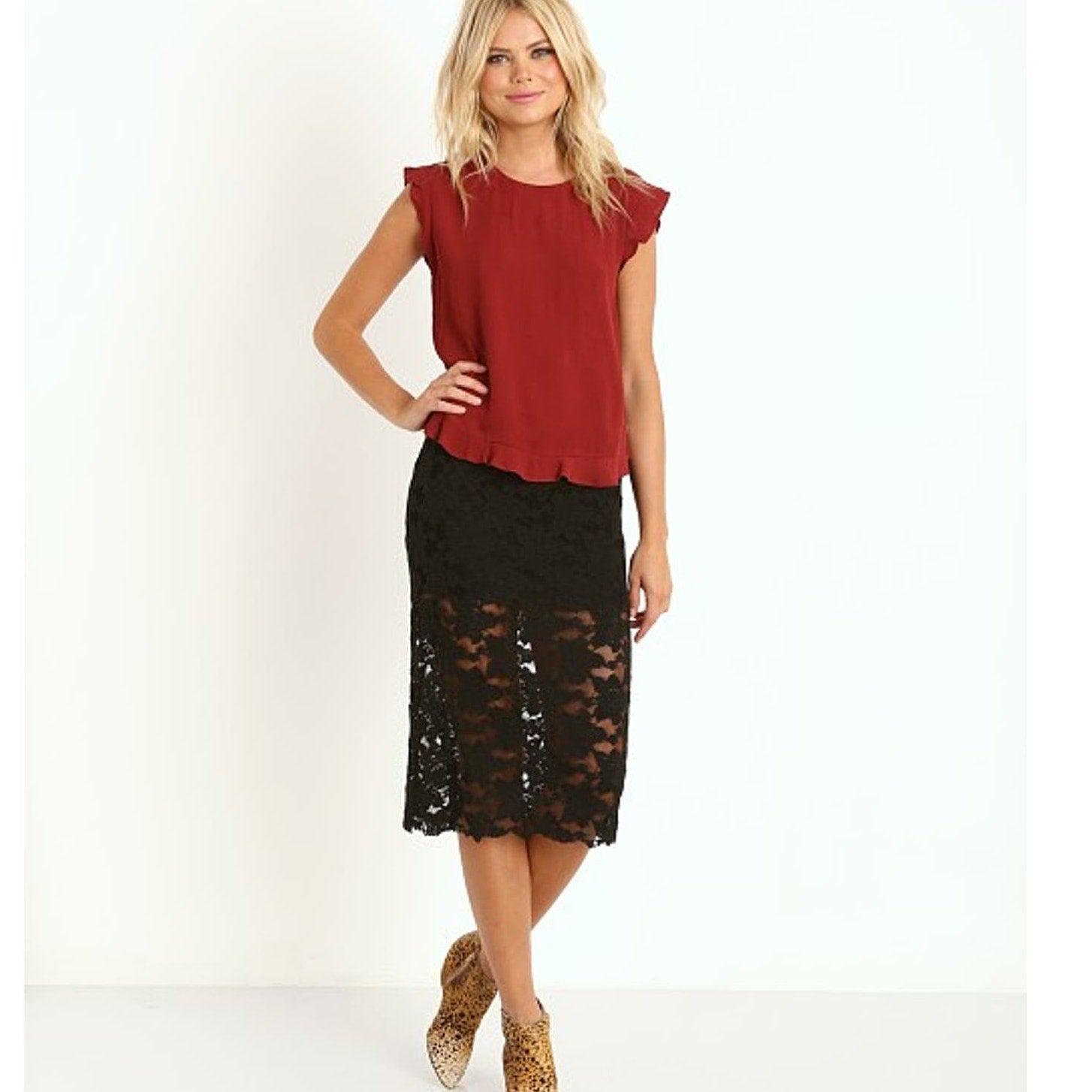 New Free People Lace Pencil Skirt Black $78 X-Small Midi Elastic Waist Lined