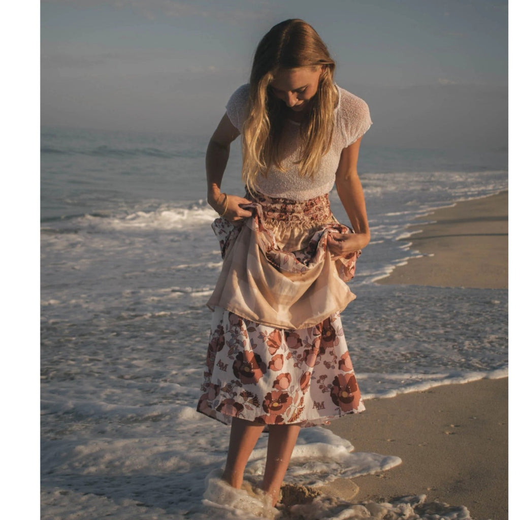 New AMBRA MADDALENA Guinivera Tiered Midi Skirt $200 US 4 Checks & Florals