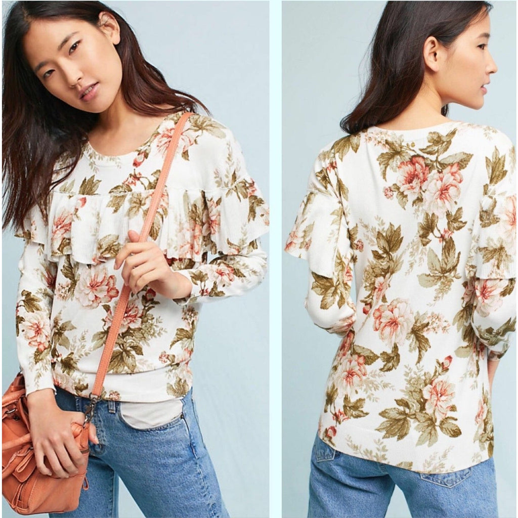 New Anthropologie Floral Ruffled Pullover by Harlyn $118 Size Small Long Sleeve