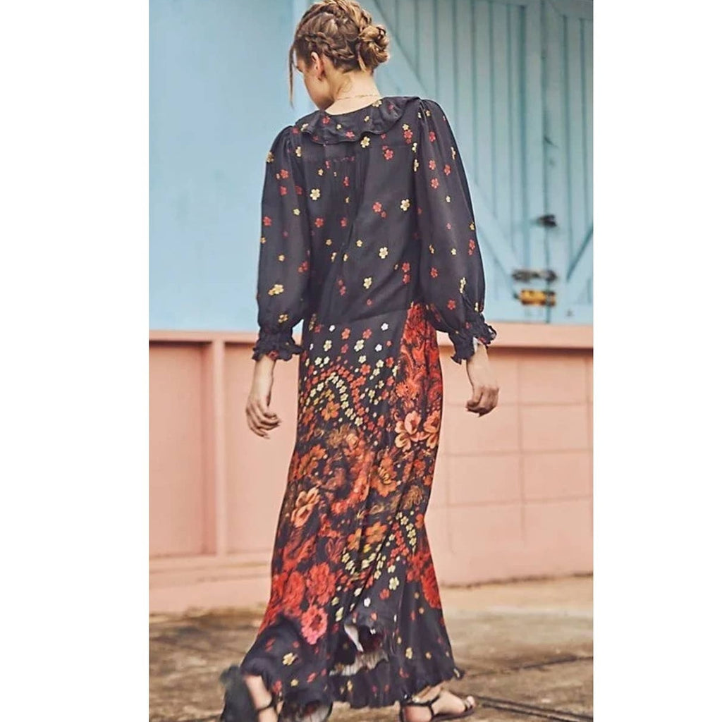 New Free People Talsey Maxi Dress $198 MEDIUM Black Floral