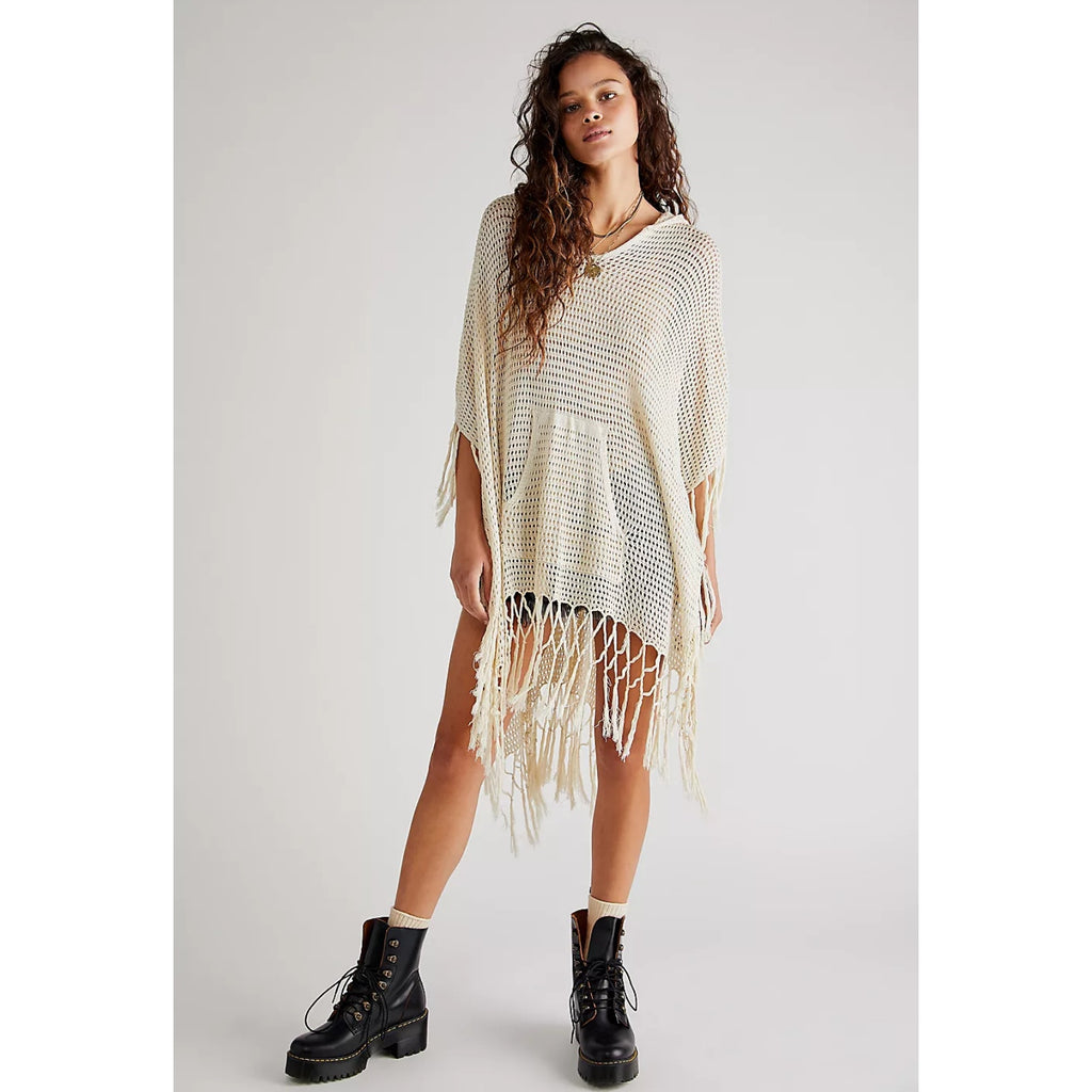 Free People Summer House Crochet Hooded Fringe Poncho