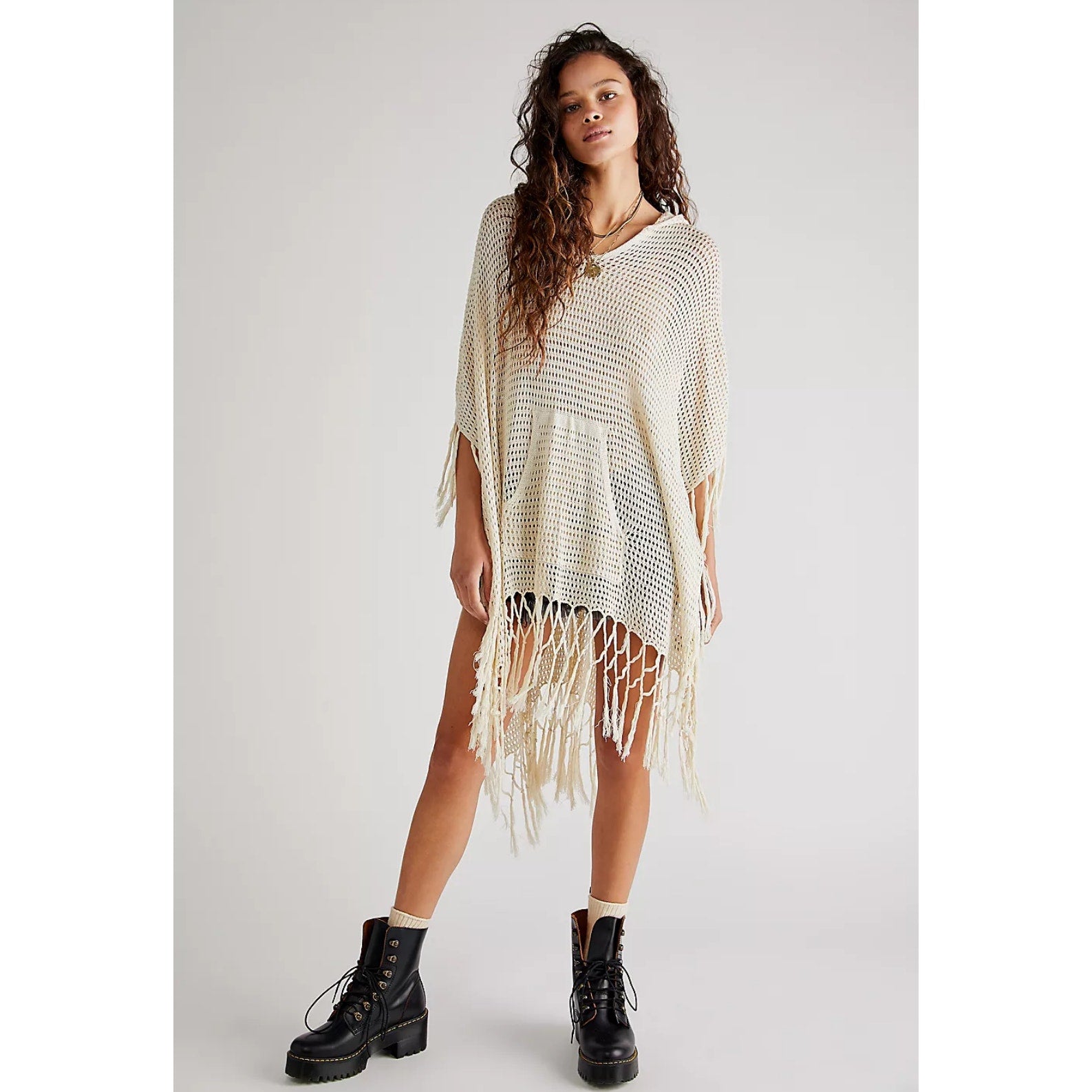 Free People Summer House Crochet Hooded Fringe Poncho