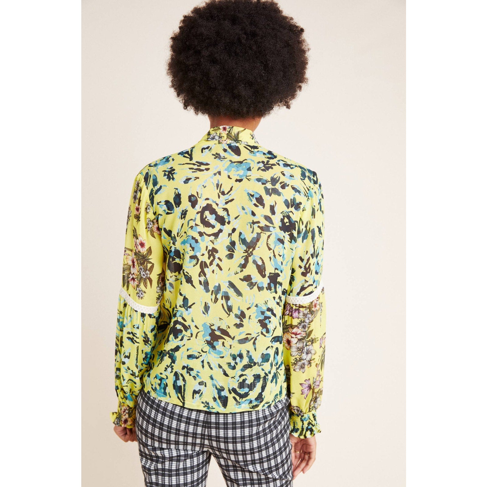 New Anthropologie x Varun Bahl Mindy Tie-Neck Floral Blouse $140 X-SMALL Yellow
