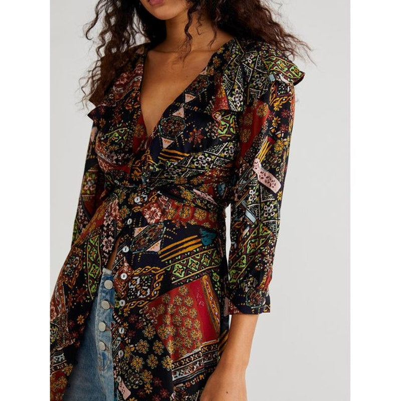 New Free People Lennon Maxi Dress  $168 X-SMALL Black Combo Vintage Insp Print