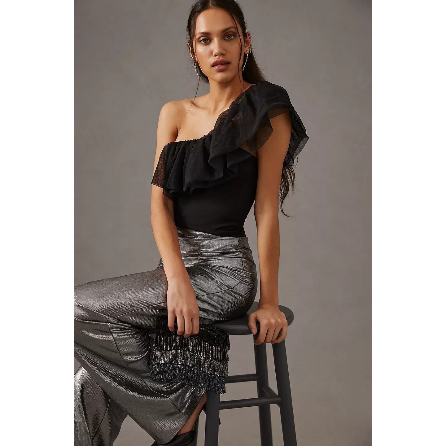 New Anthropologie Sunday in Brooklyn One-Shoulder Top $78 LARGE PETITE Black