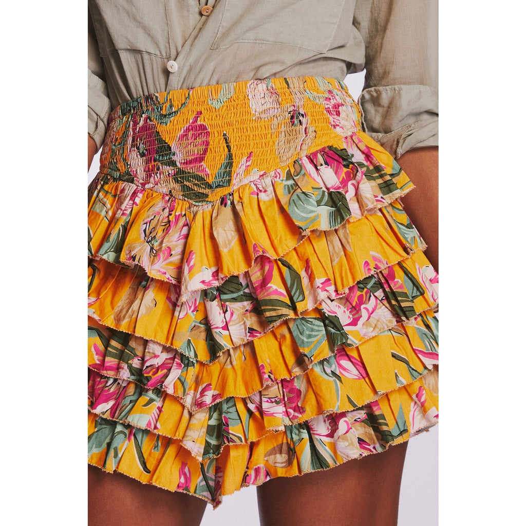 New Anthropologie LOVE THE LABEL Tiered Floral Mini Skirt $110  MEDIUM Yellow