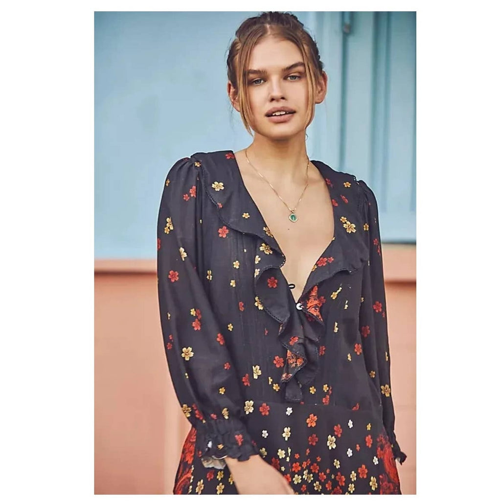 New Free People Talsey Maxi Dress $198 MEDIUM Black Floral