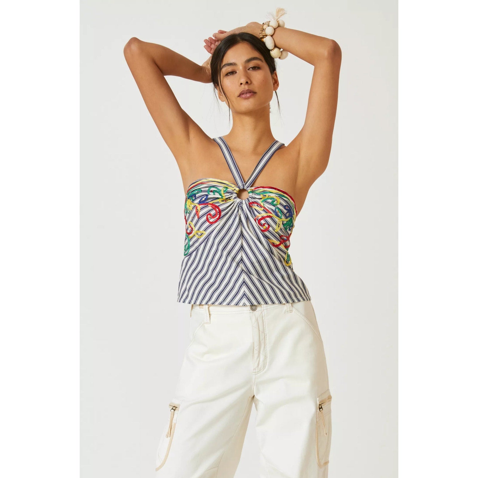 New Anthropologie Avril Emroidered Striped Halter Top $110  MEDIUM  Blue