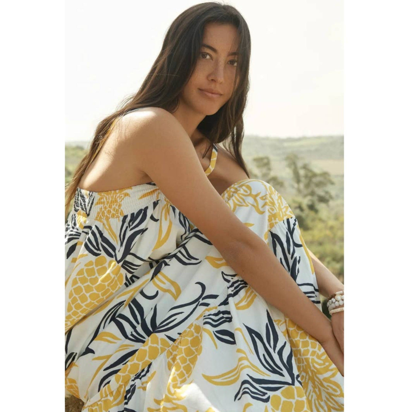 New Anthropologie Floral Flounced Maxi Dress $188 Yellow Pineapple Small
