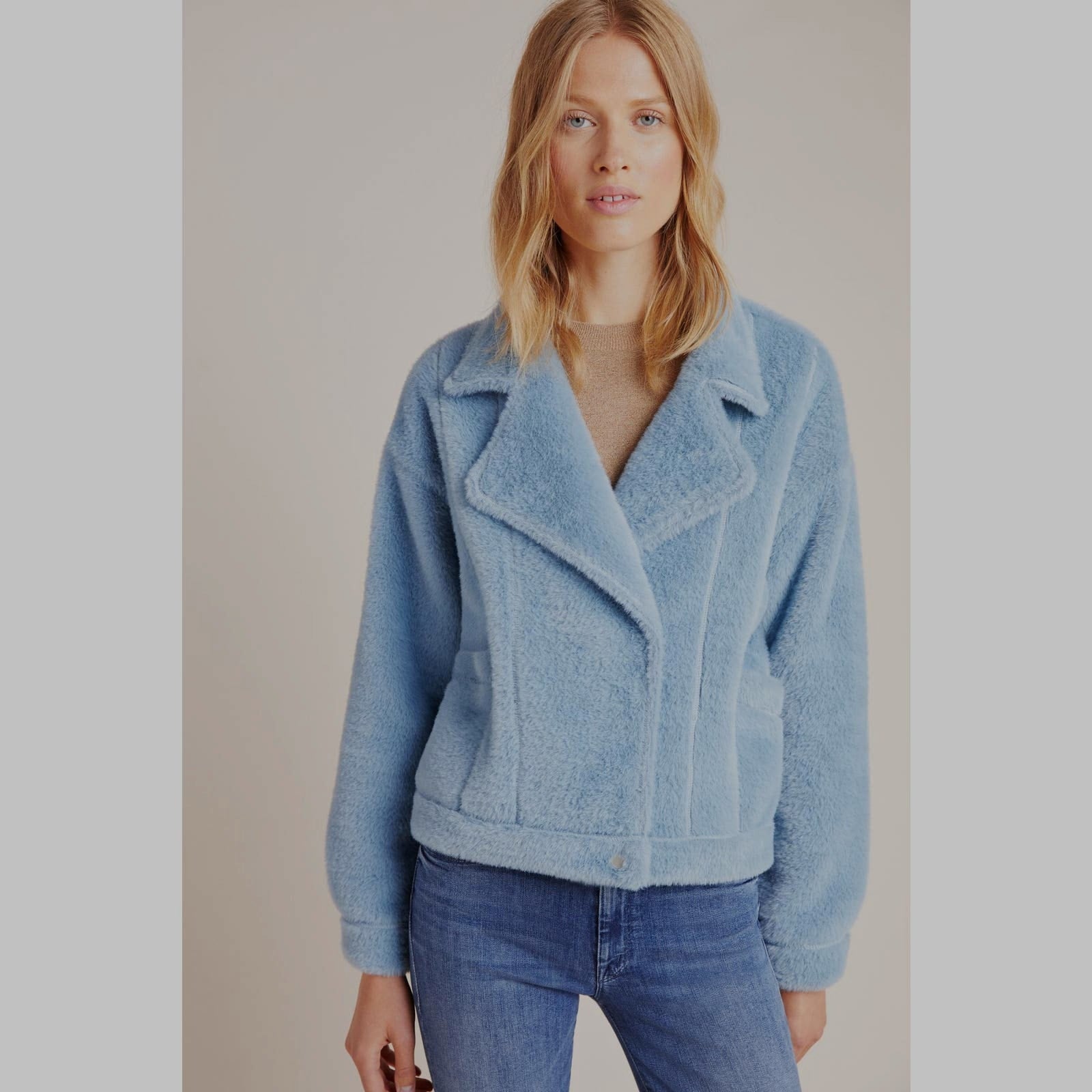 New Anthropologie Sherpa Swan Zipper Coat by FRNCH $198 Blue MEDIUM Ultra Soft