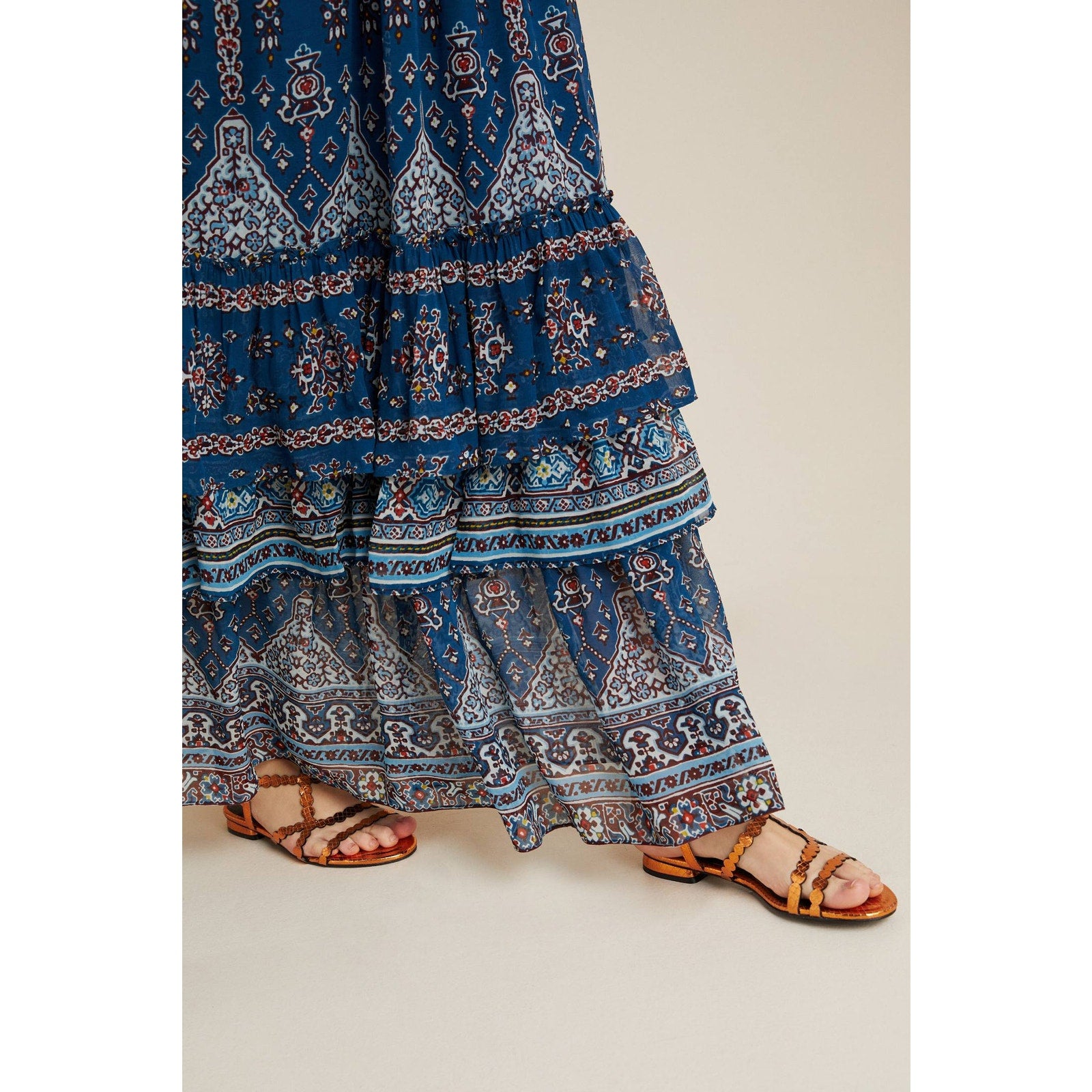 New Anthropologie Sasha Ruffled Tiered Maxi Dress $198 SMALL Blue Boho