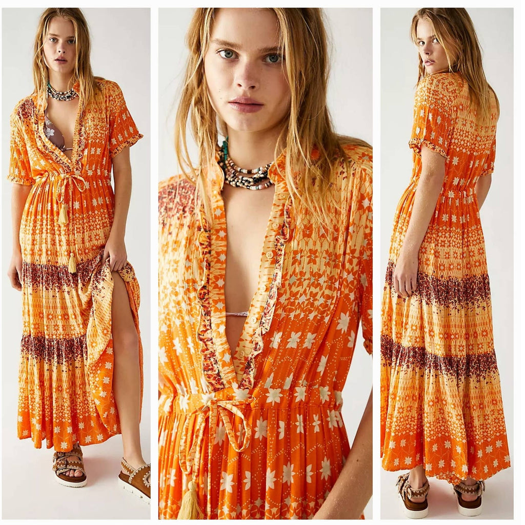 New Free People Rare Feelings Tiered Maxi Dress $148 X-SMALL Orange Boho Floral