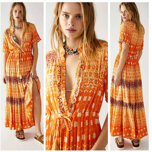 New Free People Rare Feelings Tiered Maxi Dress $148 X-SMALL Orange Boho Floral