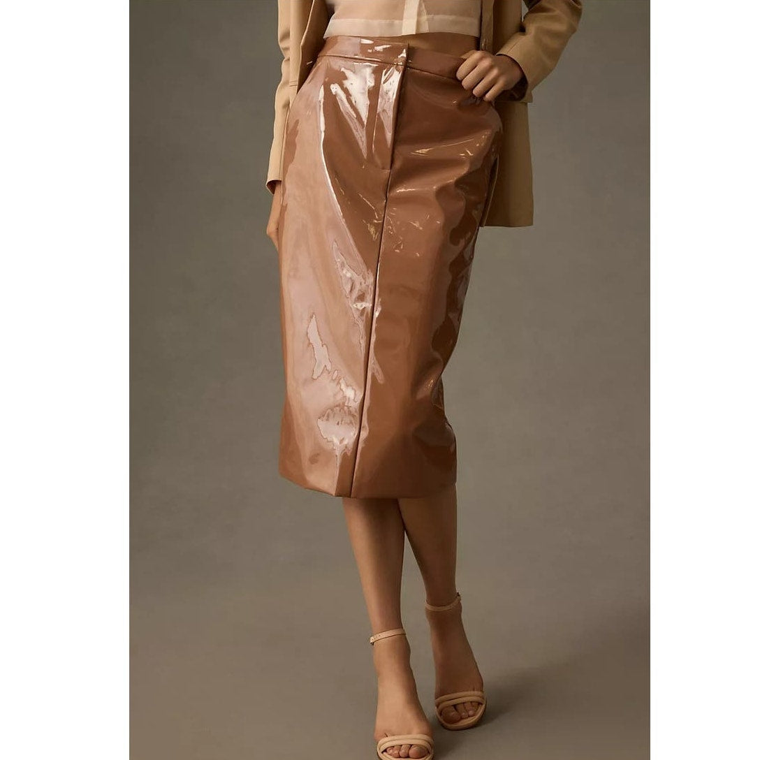 Anthropologie Sunday in Brooklyn Faux Leather Midi Skirt $130 MEDIUM Bronze