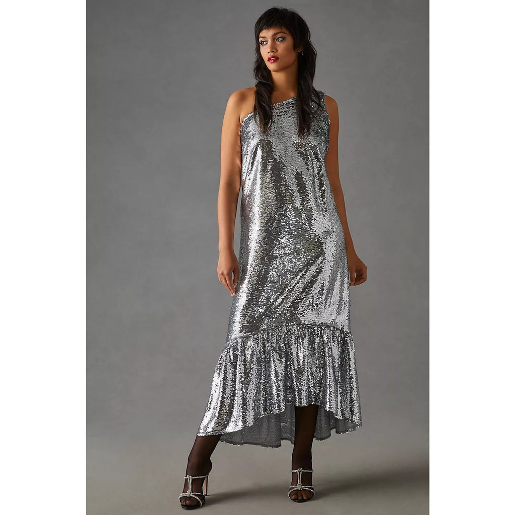 New Anthropologie Maeve One-Shoulder Sequin Dress $230 X-SMALL Silver