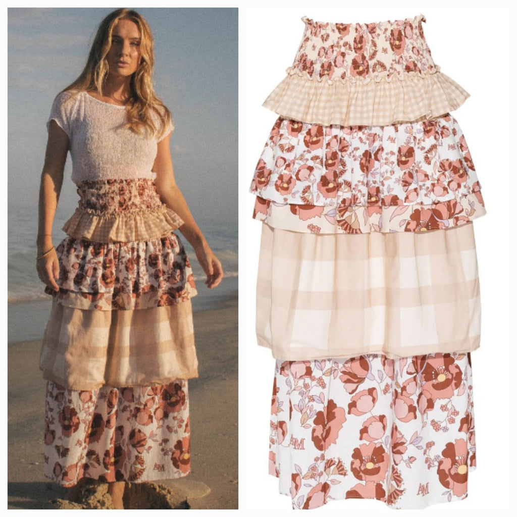 New AMBRA MADDALENA Guinivera Tiered Midi Skirt $200 US 4 Checks & Florals