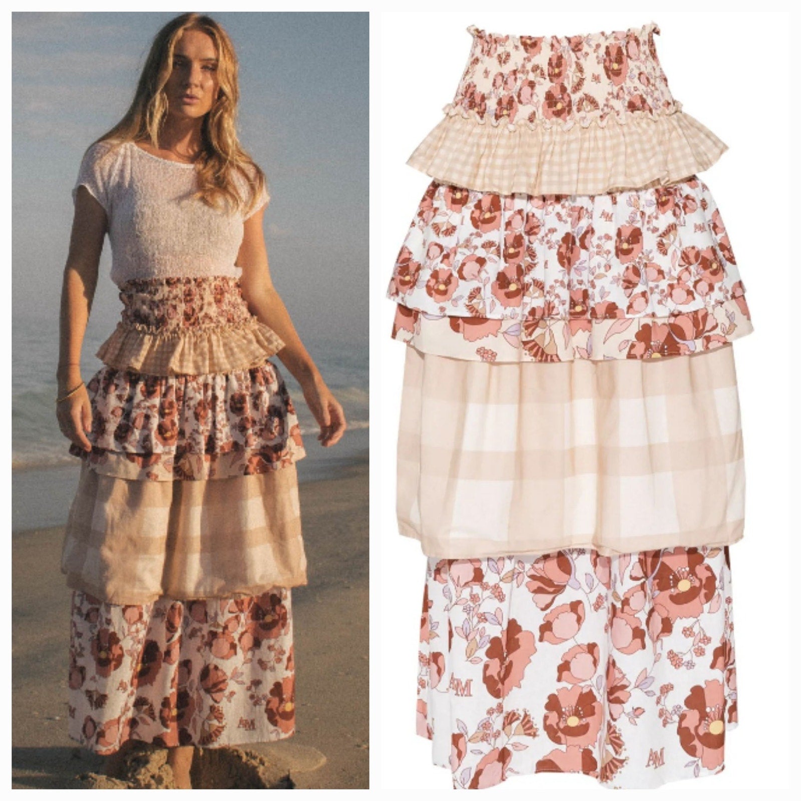 New AMBRA MADDALENA Guinivera Tiered Midi Skirt $200 US 4 Checks & Florals